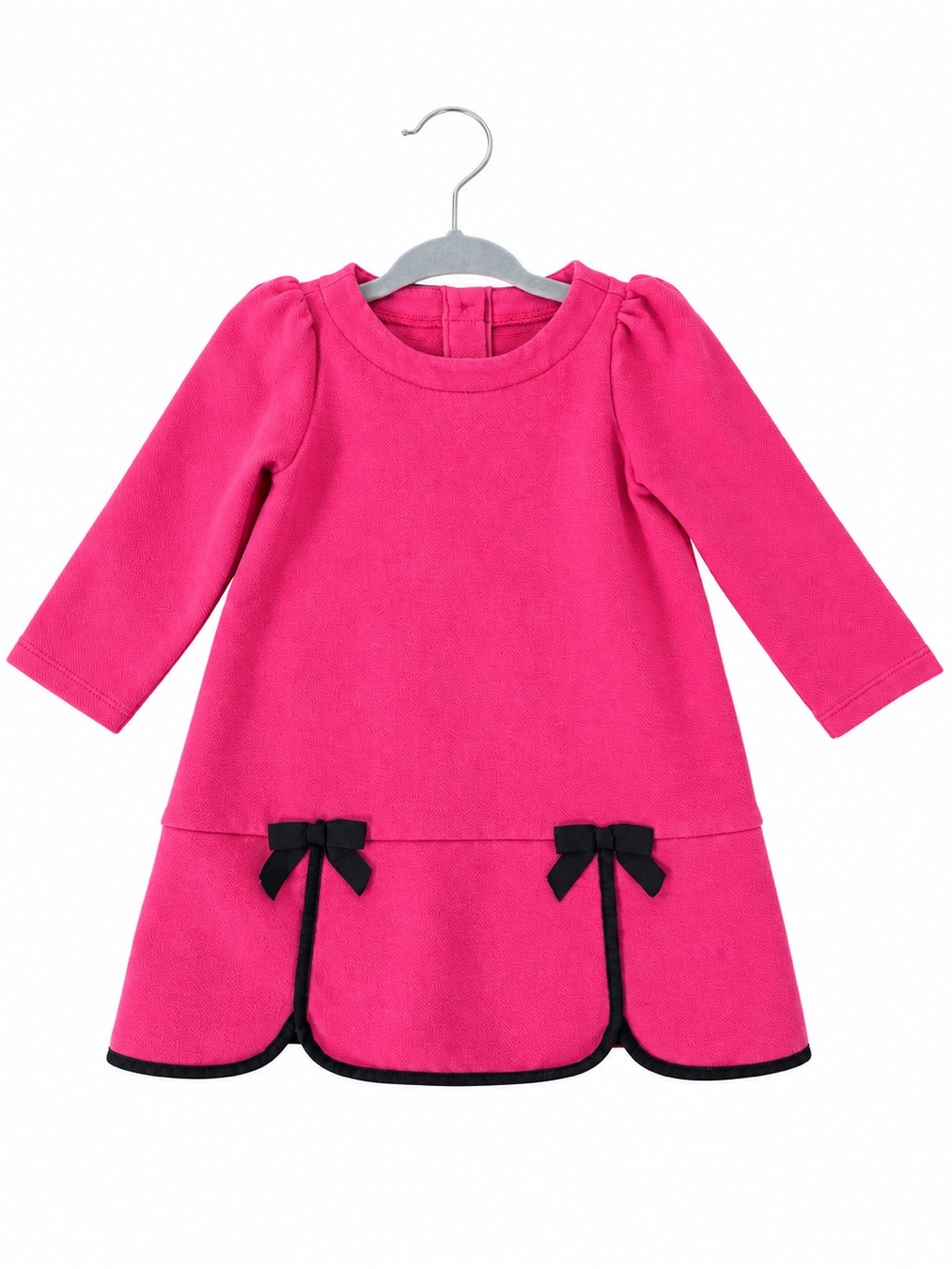 Janie and Jack Hot Pink Long Sleeve Dress with Black Bow Trim